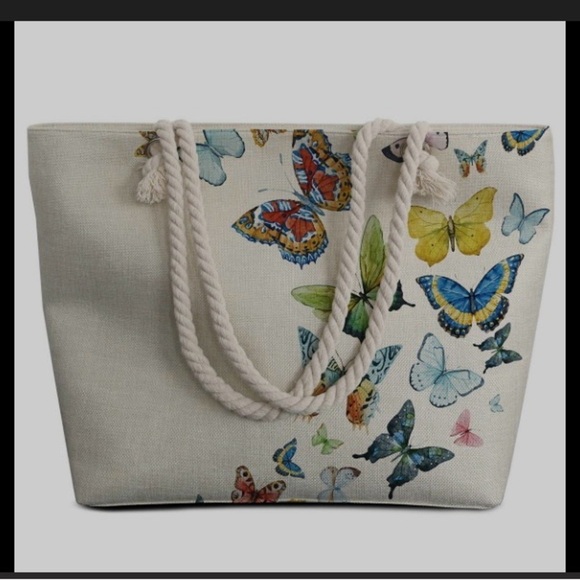 Cream Butterfly Print Tote Bag with Rope Handles - Picture 2 of 2